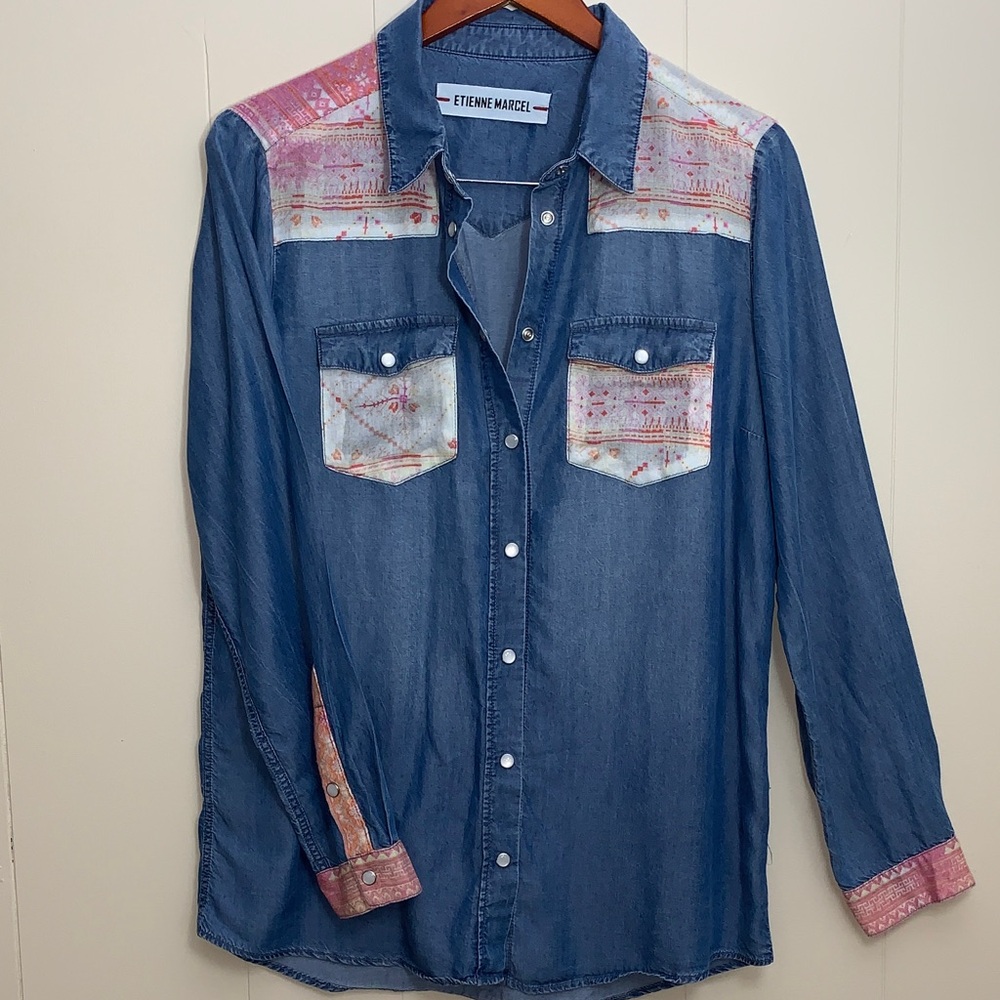 Etienne Marcel Denim Shirt with Pink Accents - Picture 1 of 10